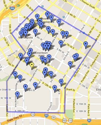 Orchestra Hall (yellow pin) and places it will be in competition with for event-hosting jobs (blue pins). All the dots are locations you can rent out for events. There may be places outside the blue lines, too, BUT I DIDN'T HAVE TIME TO FILL IN THE MAP.